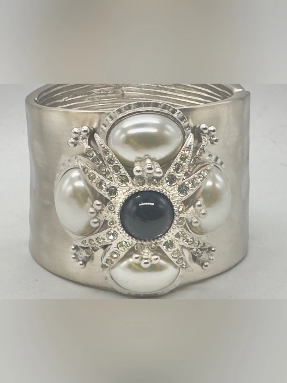 Vintage St John Cuff Bracelet Silver Tone Hinge Bangle Pearl Rhinestone 80s
